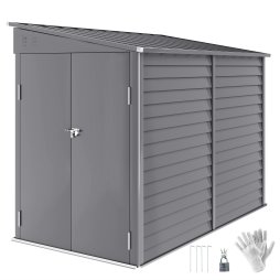 Outsunny 5 x 9ft Galvanised Metal Garden Shed with Foundation Kit, Outdoor Lean-to Shed, Tool Storage House with Lockable Doors, Gloves and 2 Air Vents for Patio, Garden, Grey