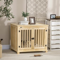 PawHut Wooden Dog Crate End Table w/ Double Doors, Furniture Style Dog Crate for Medium Dogs, Indoor Use w/ Soft Washable Cushion