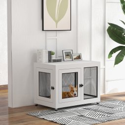 PawHut Dog Crate Furniture End Table w/ Soft Washable Cushion, Two Doors, Indoor Pet Kennel for Small Medium Large Dogs w/ Wire Mesh, White
