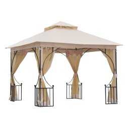 Outsunny 3 x 3m Garden Gazebo Patio Party Tent Shelter Outdoor Canopy Double Tier Sun Shade with Metal Frame and Netting, Beige