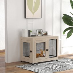 PawHut Dog Crate Furniture End Table w/ Soft Washable Cushion, Two Doors, Indoor Pet Kennel for Small Medium Large Dogs w/ Wire Mesh, Oak