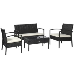 Outsunny 4 Pieces Rattan Garden Furniture Set, 4 Seater Garden Sofa Set with Loveseat, Armchairs and Glass Top Table, Wicker Conservatory Furniture with Cushions for Patio, Balcony, Black