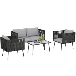Outsunny 4 Piece Outdoor Garden Furniture Set with Cushions, 4 Seater Garden Sofa Set with Loveseat, Armchairs and Faux Marble Top Table, Outdoor Furniture Set for Patio, Conservatory, Light Grey