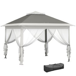 Outsunny 3.3 x 3.3m Pop Up Gazebo, Double Roof Foldable Canopy Tent with Zipped Mesh Sidewalls, Height Adjustable and Carrying Bag, Event Tent for Patio Garden, Dark Grey