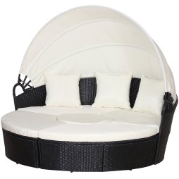 Outsunny PE Rattan Lounge Set, 5 Pieces Patio Conversation Furniture Set, Garden Round Sofa Bed with Cushion and Retractable Canopy, Black