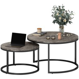 HOMCOM Round Nesting Coffee Table Set of 2, Large Stacking End Side Table with Steel Frame for Living Room, Bedroom, Home Office, 78.5 x 78.5 x 46.5 cm, Marble Dark Grey