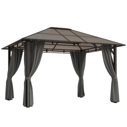Outsunny 3 x 3.6m Hardtop Gazebo Canopy with Polycarbonate Roof Garden Pavilion with Removable Curtains and Steel Frame, Dark Grey