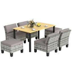Outsunny 7-Piece Rattan Garden Dining Set, 6 Seater Wicker Garden Furniture Set with Seat and Back Cushions, Umbrella Hole, Patio Table and Chairs with Slatted Metal Top Table for Balcony, Grey