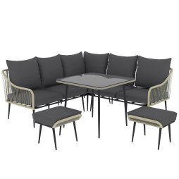 Outsunny 6 Pieces Rattan Garden Furniture Set, Garden Corner Sofa with Thickened Cushions, Outdoor Dining Set with Glass Top Dining Table, Loveseats and Footstools for Conservatory, Light Grey