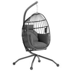 Outsunny Hanging Egg Chair Outdoor Indoor Garden Swing Chair with Folding Basket and Thickened Cushion, Garden Hanging Chair with Stand, Headrest, Cup Holder for Patio, Balcony, Dark Grey