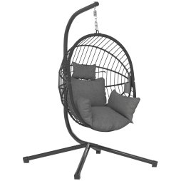 Outsunny Outdoor Swing Chair with Thick Padded Cushion, Patio Hanging Chair with Metal Stand, Foldable Basket Egg Chair with Cup Holder, Rope Structure, for Indoor and Outdoor, Grey
