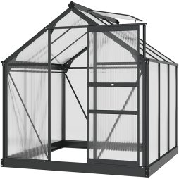Outsunny 6 x 6ft Polycarbonate Greenhouse, Large Walk-In Green House with Slide Door and Window, Garden Plants Grow House with Aluminium Frame and Foundation, Grey