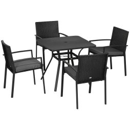 Outsunny 4 Seater Rattan Dining Set with Cushions, Wood Effect Metal Top Table with Umbrella Hole, PE Rattan Garden Furniture Set, Outdoor Dining Table and Chairs for Patio, Balcony, Lawn, Black