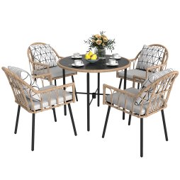 Outsunny 5 Piece Patio Rattan Dining Set, Wicker Garden Table and Chairs w/ Removable Seat & Back Cushions, Round Tempered Glass Tabletop, Parasol Hole, Outdoor Furniture Conservatory Set, Light Brown