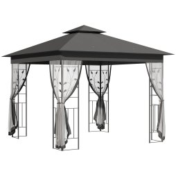 Outsunny 3(m) x 3(m) Garden Gazebo, Double Roof Outdoor Gazebo Canopy Shelter with Netting, Solid Steel Frame, for Garden, Lawn and Deck, Grey