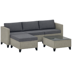 Outsunny 5 Pieces PE Rattan Garden Furniture Set, 4 Seater Garden Corner Sofa Set with Glass Coffee Table, Wicker Outdoor Furniture Set with Cushions for Patio Deck, Dark Grey