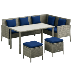 Outsunny 5 Pieces Rattan Garden Furniture Set, 6 Seater Wicker Dining Set, Corner Garden Sofa Outdoor Furniture Set with Glass Top Table, Footstool and Cushions for Patio, Dark Blue