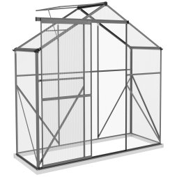 Outsunny 6 x 2.5ft Polycarbonate Greenhouse, Walk-In Green House with Sliding Door, 5-Level Roof Vent, Rain Gutter, Garden Plants Grow House with Aluminium Frame and Foundation, Dark Grey