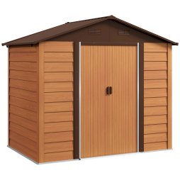 Outsunny 8 x 6ft Metal Garden Shed, House Hut Gardening Tool Storage with Ventilations, Sliding Door, Sloped Roof for Garden, Patio, Brown Wood Effect