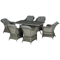 Outsunny 6 Seater Rattan Dining Set with Seat and Back Cushions, PE Rattan Garden Furniture Set, Outdoor Dining Table and Chairs, Rectangular Glass Top Table with Umbrella Hole, Grey