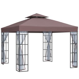 Outsunny 3 x 3(m) Patio Gazebo Canopy Garden Pavilion Tent Shelter with 2 Tier Roof and Mosquito Netting, Steel Frame, Coffee