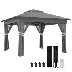 Outsunny 3 x 3(m) Pop Up Gazebo with Sides, 20 Solar-Powered LED Lights, Netting, Roller Bag, 4 Weight Bags, Marquee Party Tent, Height Adjustable Instant Event Shelter, Grey