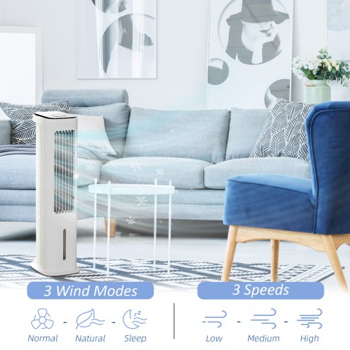HOMCOM Evaporative Air Cooler, 5L Water Tank Oscillating Ice Cooling Fan with 3 Modes, 3 Speeds, 10H Timer, Detachable & Washable Filter, LED Display & Remote Control and Oscillation, White