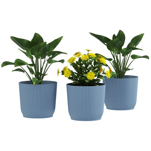 Outsunny Set of 3 Plastic Round Plant Pots Outdoor 22cm, Garden Planters, Flower Pots for Garden Decoration, Patios, Indoor, Outdoor, Home, Blue