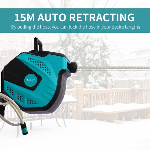 DURHAND 15m Garden Hose Reel Wall Mounted Auto Rewind with 7 Patterns Spray Nozzle, Includes Wall Fixings