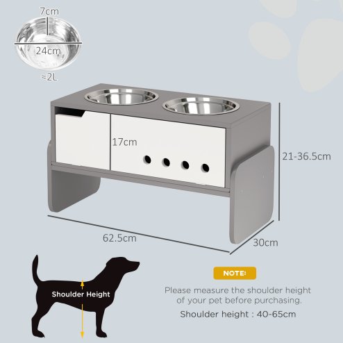 PawHut Raised Dog Bowls with Stand, 3 Height Adjustable Dog Feeding Storage Station with Slow Feeder Mat, 2 x 2000mL Stainless Steel Bowls for Medium to Extra Large Dogs - Grey