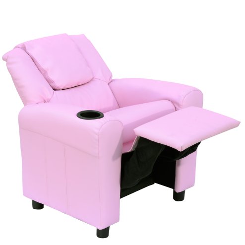 HOMCOM Kids Recliner, PU Leather Kids Armchair, Child Chair, Toddler Armchair with Adjustable Backrest, Footrest, Padded Headrest, Cup Holder, Pink