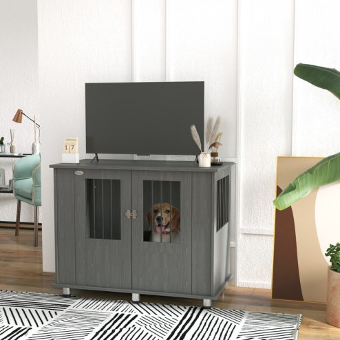 PawHut Dog Crate Furniture End Table, Pet Kennel for Medium Large Dogs with Magnetic Door Indoor Animal Cage, Grey, 95 x 55 x 75 cm
