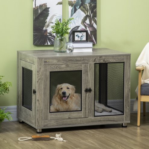 PawHut Dog Crate Furniture End Table w/ Soft Washable Cushion, Two Doors, Indoor Pet Kennel for Small Medium Large Dogs w/ Wire Mesh, Grey