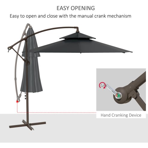 Outsunny 2.7m Garden Banana Parasol Cantilever Umbrella with Crank Handle, Double Tier Canopy and Cross Base for Outdoor, Hanging Sun Shade, Black