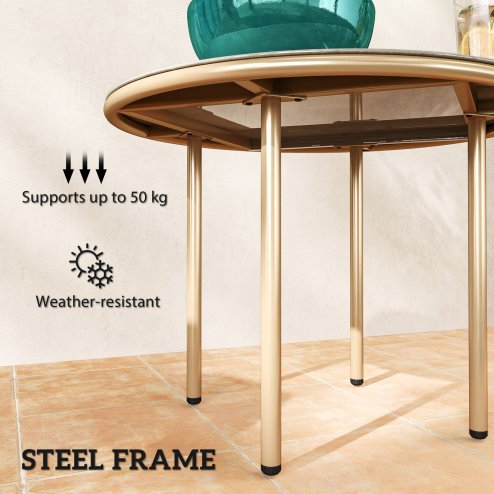 Outsunny Round Small Garden Table, 60cm Outdoor Side Table with Faux Marble Tempered Glass Top, Steel Frame for Garden Patio Balcony, Beige
