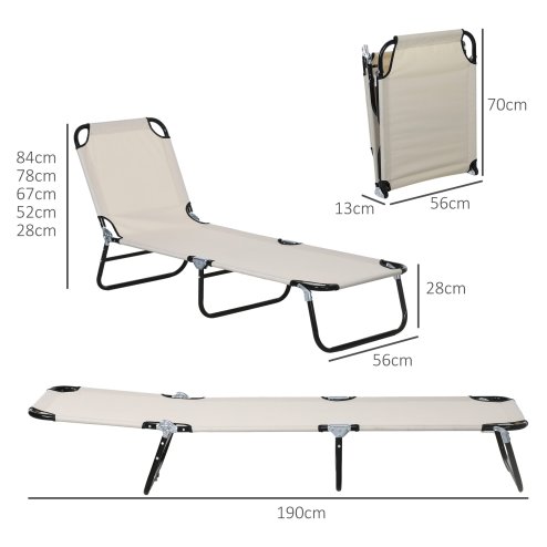 Outsunny Foldable Sun Lounger Set of 2 with 5-Position Adjustable Backrest, Outdoor Portable Recliner Chaise Lounge Chair with Breathable Mesh Fabric, Cream White