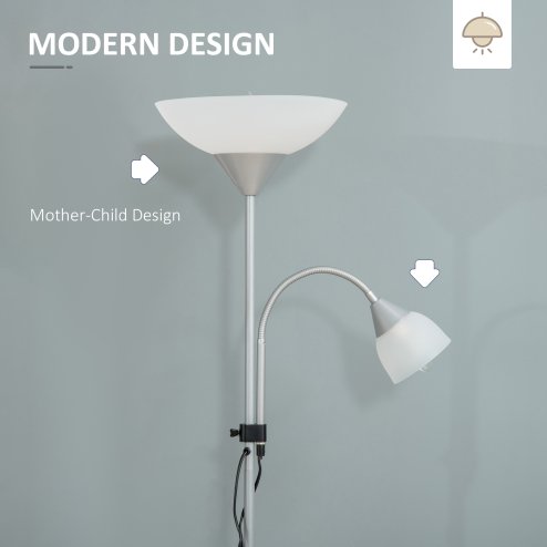 HOMCOM Modern Floor Lamp, Uplighter 2-Light Tall Standing Lamp with Adjustable Heads,  for Living Room, Bedroom, Office