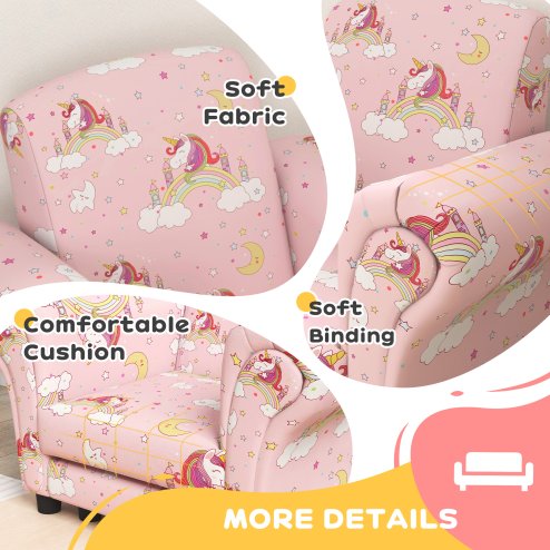 AIYAPLAY Kids Armchair with Stool, 2 Piece Kids Sofa Set with Unicorn Design, Wooden Frame, Upholstered Kids Chair for Bedroom, Playroom, Kid Room, for 1.5-3 Years Old, Pink