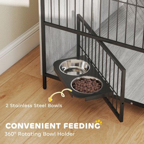 PawHut Dog Crate Furniture with 2 Rotatable Bowls, Dog Crate End Table with 2 Anti-Escape Doors, Storage Shelf, for Large Dogs, 100 x 60 x 88 cm, Grey