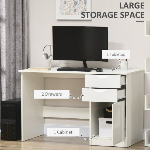 HOMCOM Computer Desk with Drawers, High Gloss Home Office Desk with Storage Cabinet, Study Workstation, 120 x 60cm