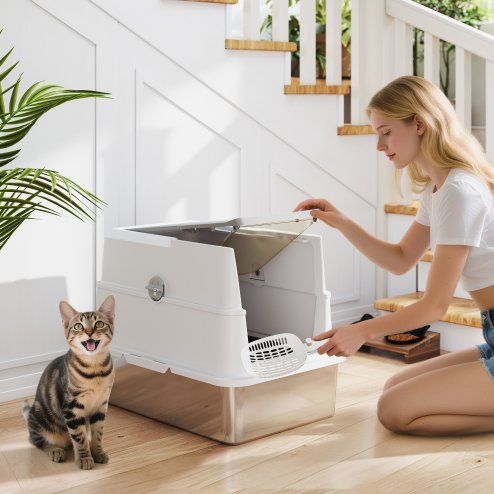 PawHut Stainless Steel Cat Litter Tray, Extra Large Enclosed Litter Box for Large Cats with Scoop, Flip Top, Easy Cleaning, Light Grey