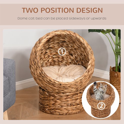 PawHut Wicker Cat House, Raised Cat Bed with Cylindrical Base, Soft Washable Cushion, Woven Water Hyacinth Cat Basket for Indoor and Outdoor, 42 x 33 x 52 cm - Brown