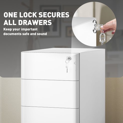 Vinsetto 3-Drawer Mobile Filing Cabinet, Steel Lockable File Cabinet for A4, Legal, Letter, Compact Under Desk Storage Unit with Pre-Assembled Body for Home Office, 30 x 45 x 59cm, White