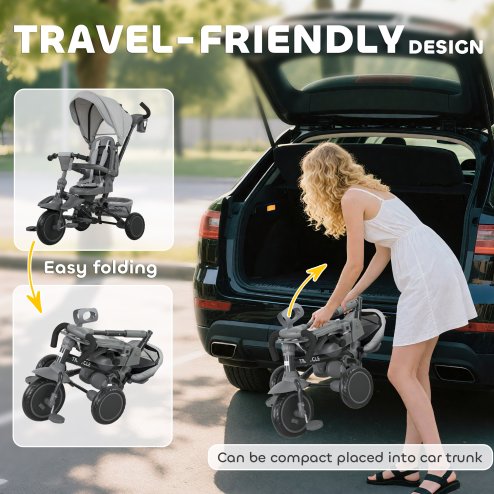 AIYAPLAY Kids Trike, 6 in 1 Toddler Tricycle with Adjustable Parent Handle & Canopy, Convertible Seat, for Ages 1-5 Years, Foldable Baby Trike with Safety Harness, Storage Basket & Bag, Grey