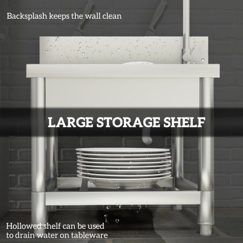 HOMCOM Outdoor Utility Sink, Stainless Steel Free Standing Single Bowl Kitchen Sink with Cold and Hot Water Pipe and Storage Shelf for Laundry Garage, 55 x 50 x 100 cm