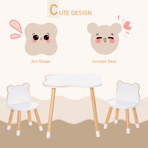 HOMCOM Kids Table and Chair Set, 3-Piece Childrens Table and Chair Set with 2 Bear-Shaped Chairs, for Playroom, Nursery, Living Room, White
