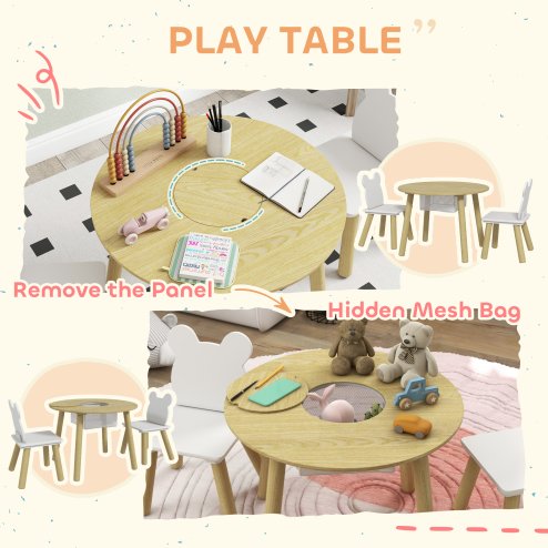 AIYAPLAY 3 Pieces Toddler Table and Chair Set with Centre Mesh Bag, Kids Activity Table Set with Bear Shaped Backrest, for Arts, Crafts Reading Dining, Aged 3-6 Years
