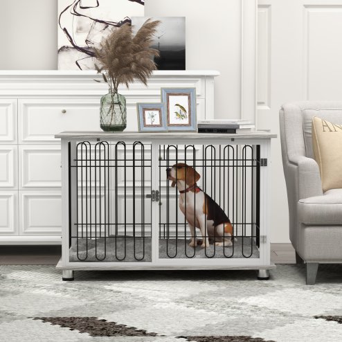 PawHut Dog Crate Furniture, Indoor Dog Kennel Side End Table with Soft Washable Cushion, Lockable Door, for Large Dogs