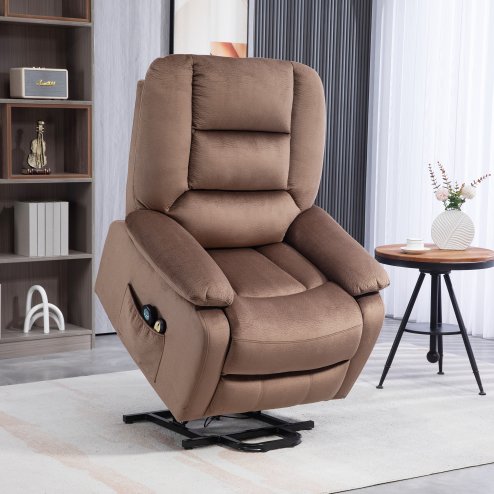 HOMCOM Power Lift Riser and Recliner Chair with Vibration Massage and Heat, Velvet Fabric Electric Recliner Armchair for Elderly with Remote Controllers, Side Pocket, Quick Assembly, Brown