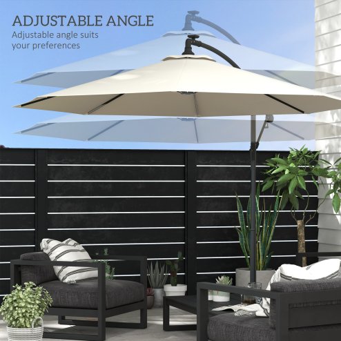 Outsunny 3(m) Banana Cantilever Parasol with Solar LED Lights, Garden Umbrella with Cross Base and Crank Handle, Hanging Offset Sun Shade for Outdoor, Patio, Beige